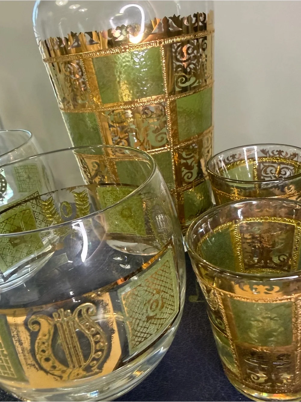 Vintage mid century modern Culver Prado Green and 22k gold Glass Decanter Set
